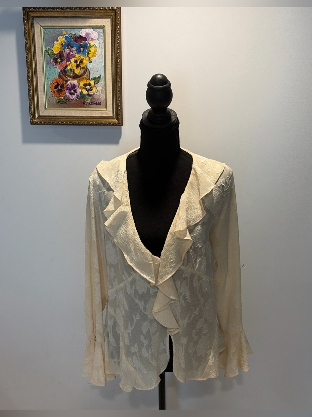 Chiffon Blouse Shirt Ruffles Boho Whimsy Fairy Romantic Sheer Bell Sleeves